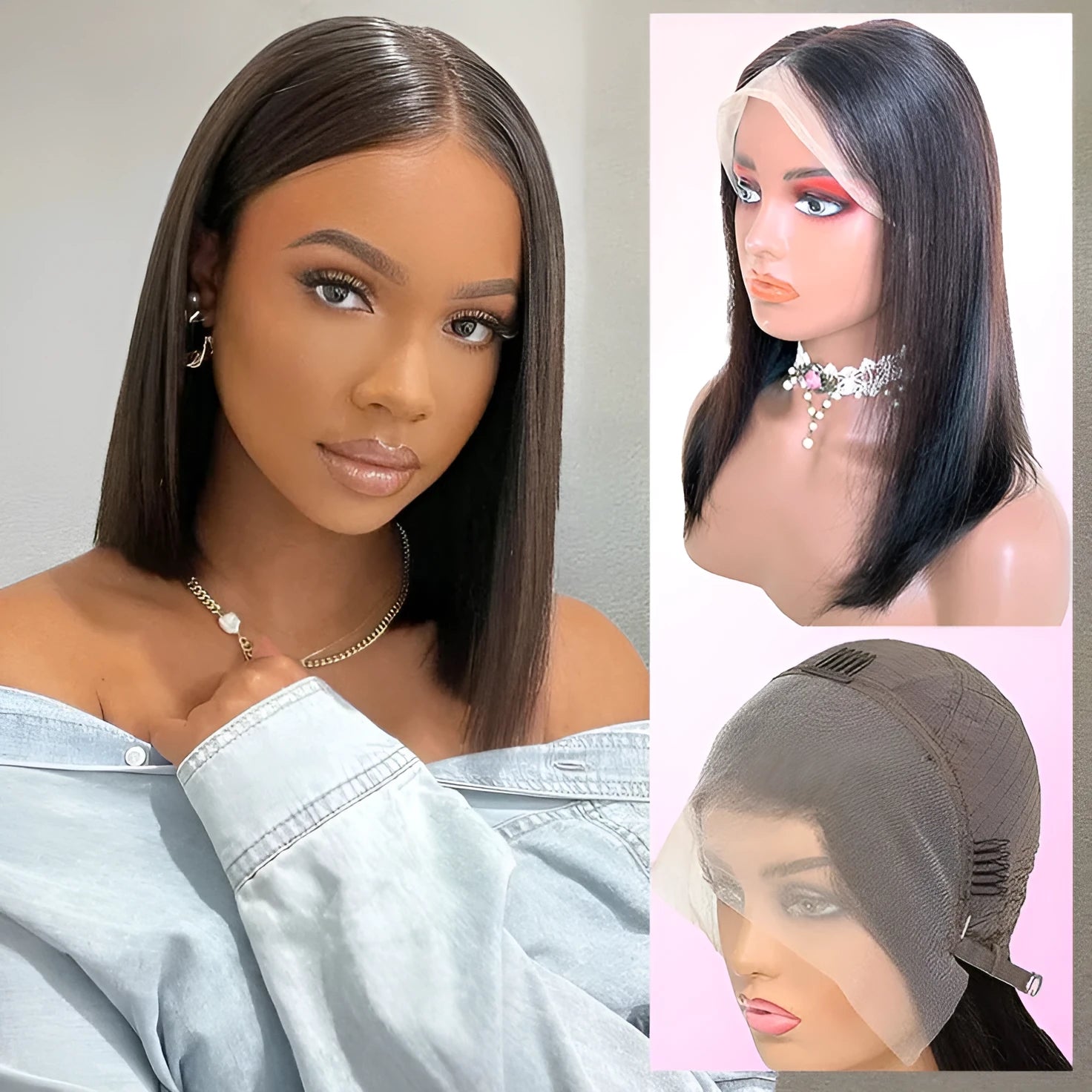 Real human hair silk wig in 1B natural black, 16 inch length, on stand