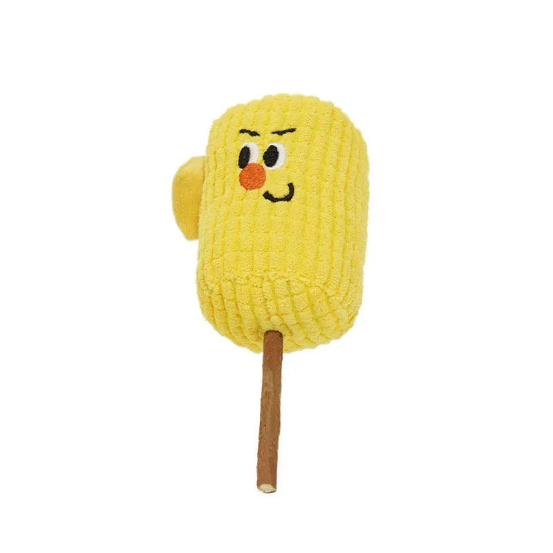 Corn cob shaped cat chew toy made from polytree wood for dental cleaning.