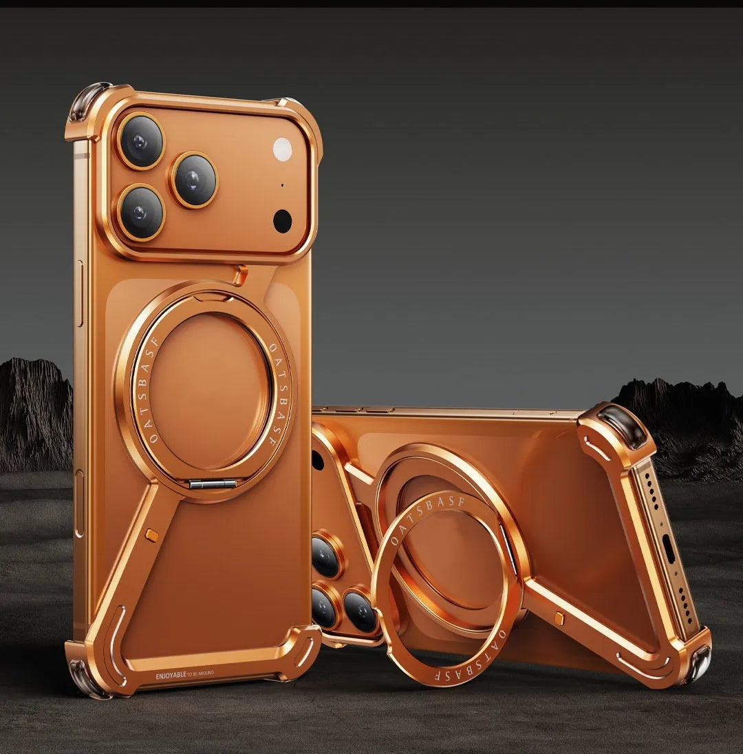 Black metal iPhone 17 Pro Max case with invisible magnetic bracket and electroplating finish