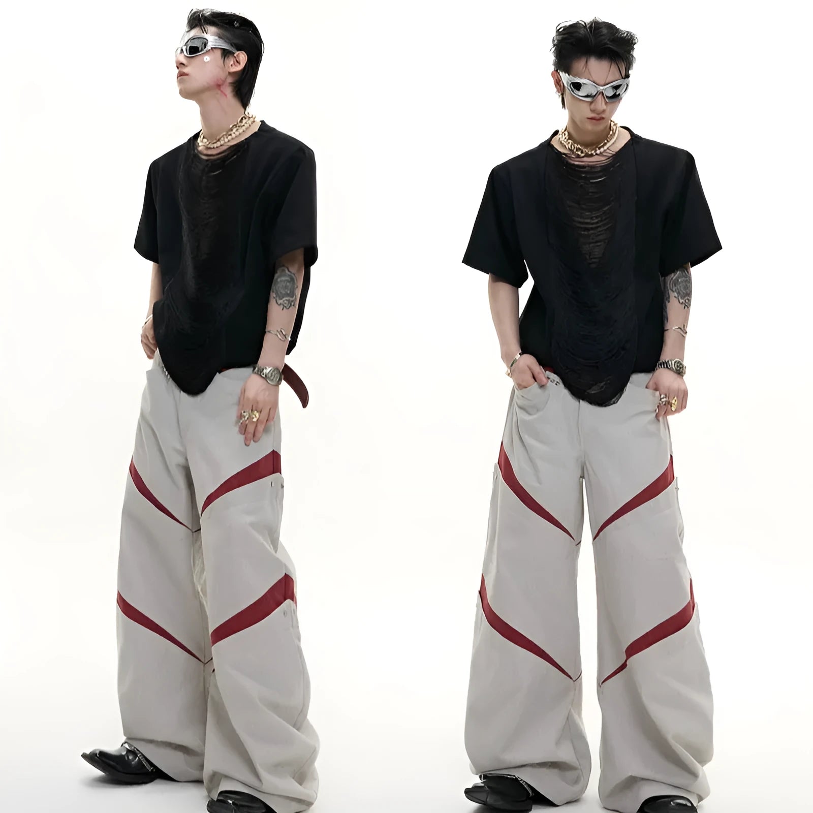 Men's black loose fit V-neck polyester T-shirt with short sleeves and tassel detailing