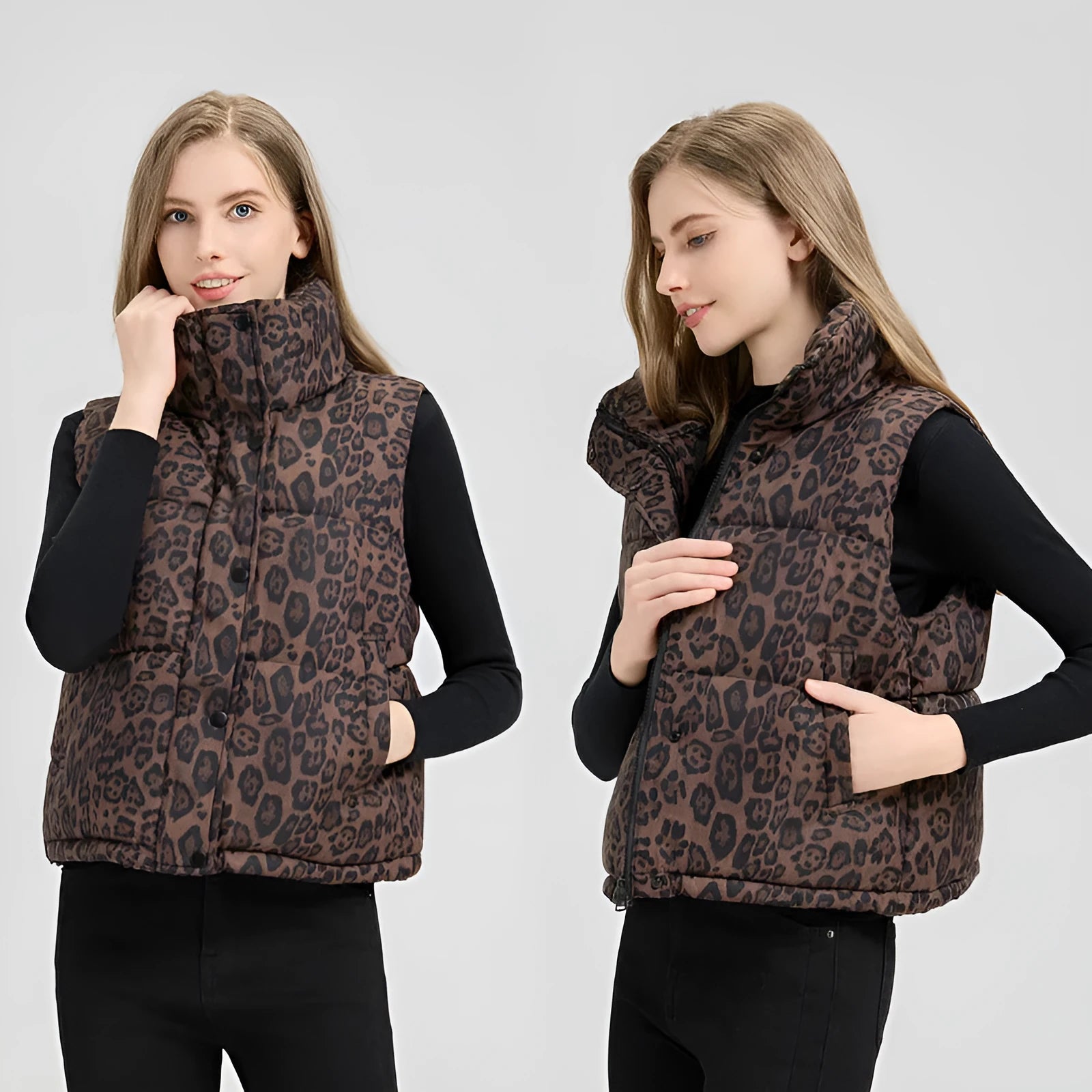 Leopard print stand collar loose fit vest for women in khaki with pockets and thick polyester fabric