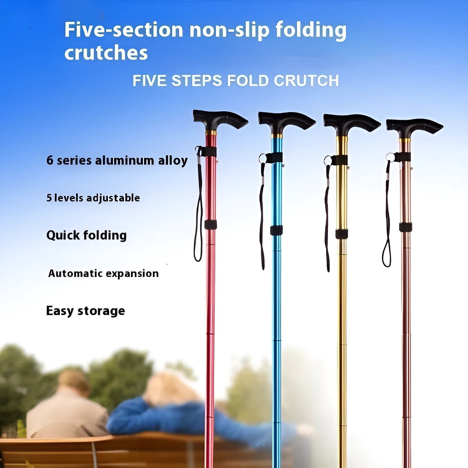 Aluminium alloy folding walking cane extended to show adjustable 85-95cm length