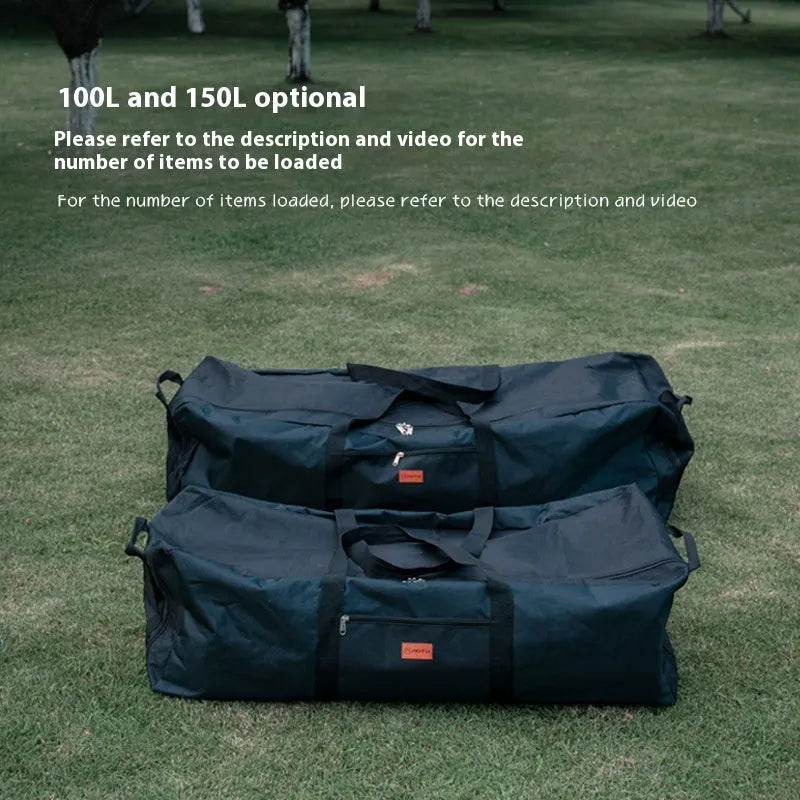 Large black waterproof storage bag for camping tables and chairs, shown folded and expanded, with 100L and 150L size options.