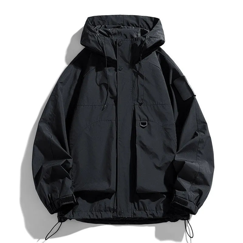Men's windproof waterproof hooded jacket in black, ginger yellow, or purple colours