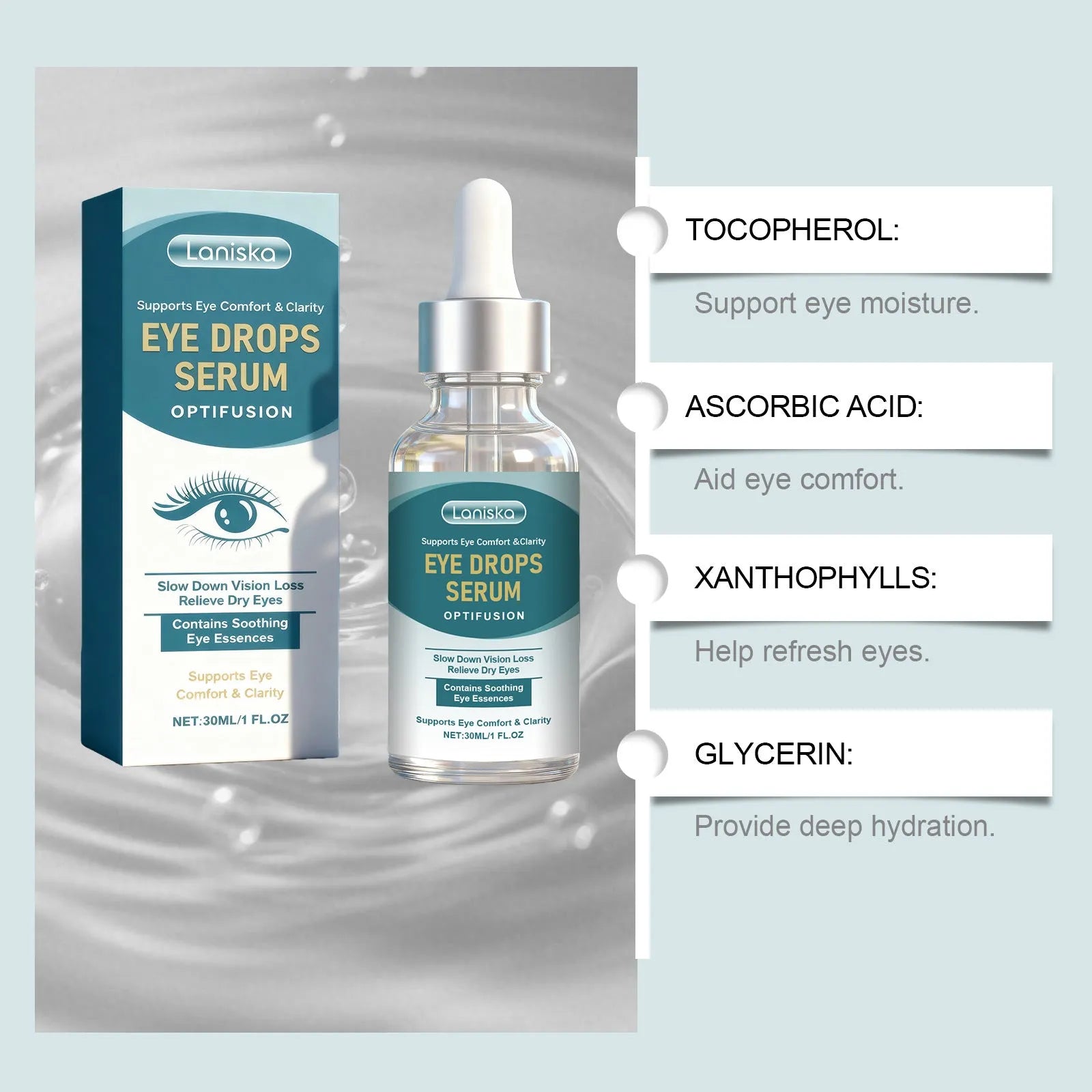 Eye Soothing Solution eye essence 30ml bottle with ingredients: vitamin C, E and lutein