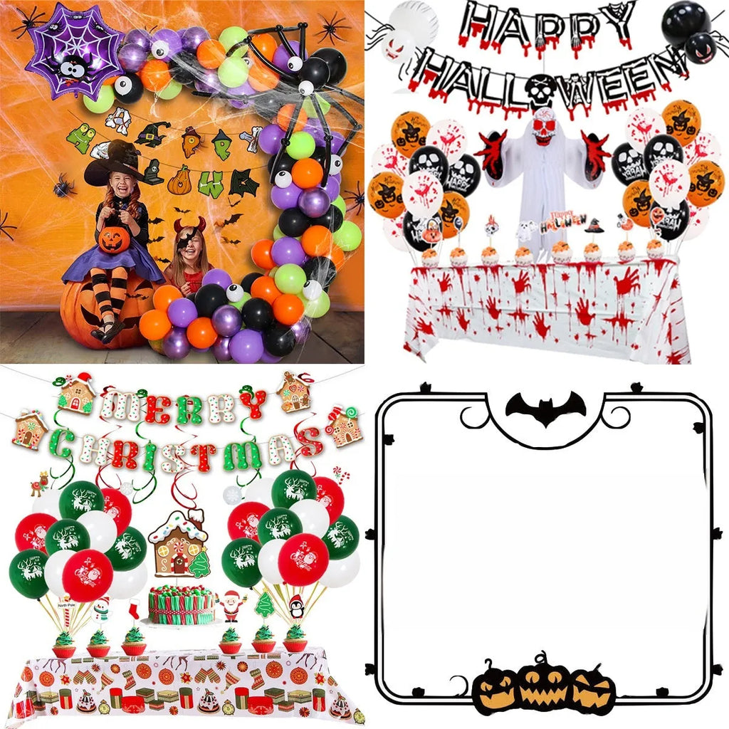 Halloween balloon combo with spider arch, skull and pumpkin designs in black and white colours