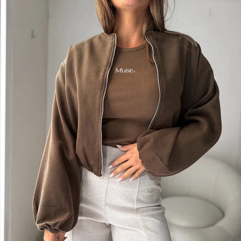 Women's off-shoulder lantern sleeve coat in brown casual style with pocket details