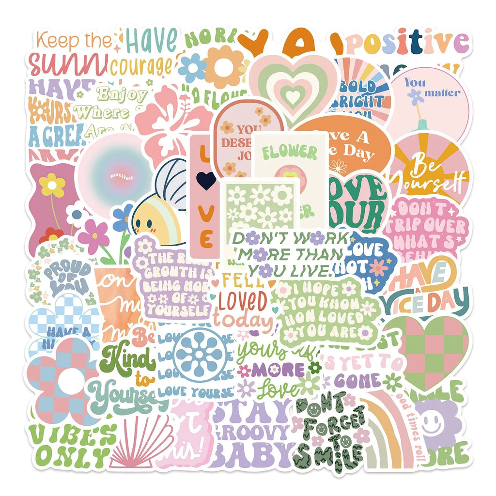 Self-adhesive motivational statement stickers in Danish pink graffiti colour with cartoon patterns, 4-6cm, pack of 50.