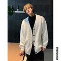 Men's loose fit V-neck cardigan sweater in Army Green solid colour, casual long sleeve design.