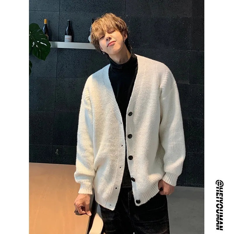 Men's loose fit V-neck cardigan sweater in Army Green solid colour, casual long sleeve design.