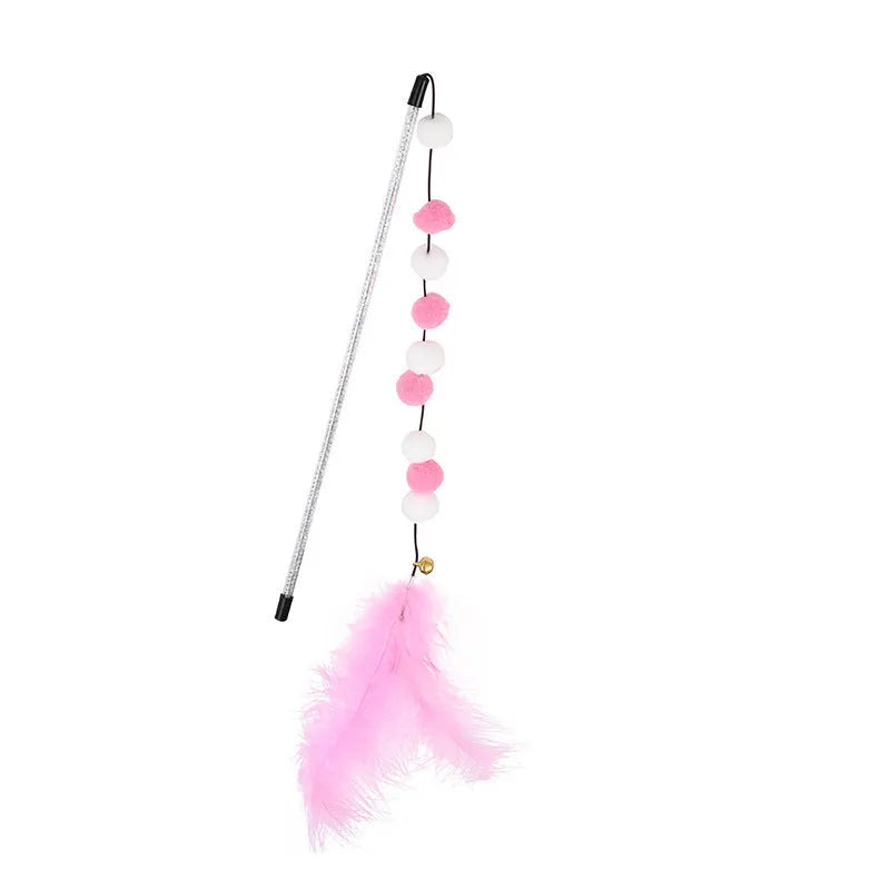 31cm long cat teaser interactive toy rod with bell and colourful polyester pompon feather attachment