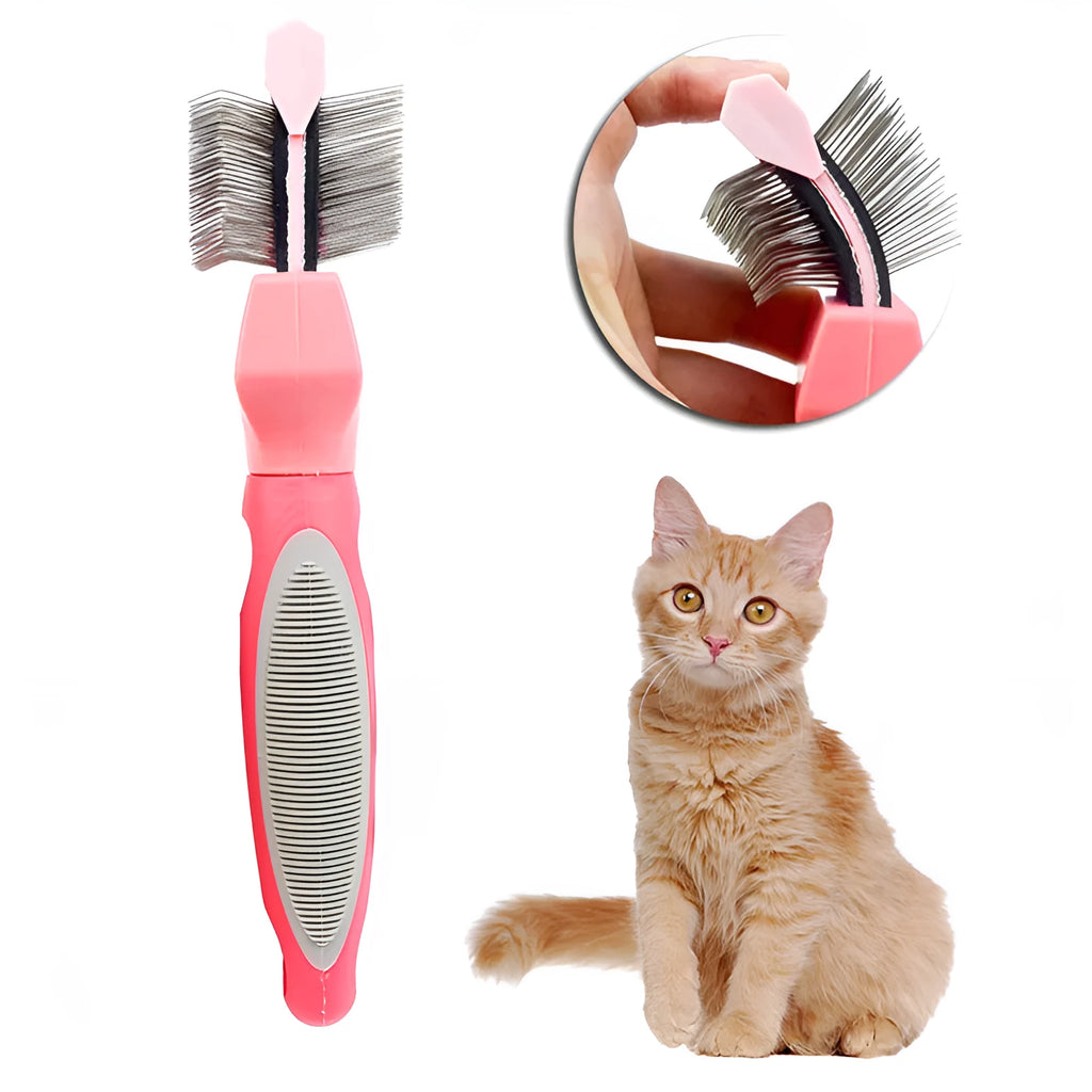 Double-sided soft pet comb with self-cleaning bristles, large size, blue, for cats and dogs