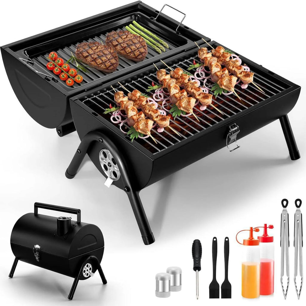 Small folding desktop charcoal barbecue smoking device with compact grill