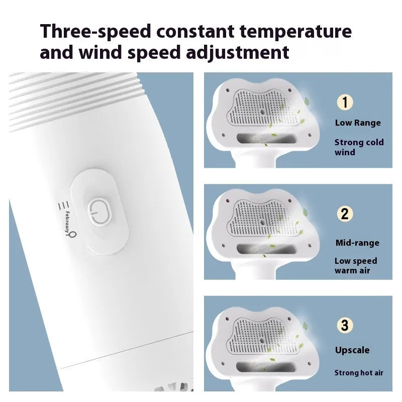 Three-in-one pet hair dryer with hot air one-click hair removal, pink and white, ABS material, 600W for dogs and cats