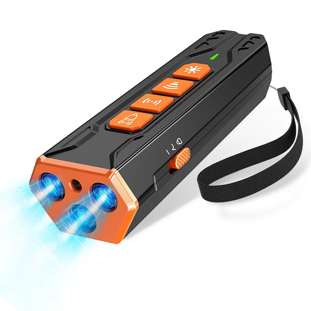 Three-head ultrasonic dog trainer with remote control in grey and orange colour scheme.
