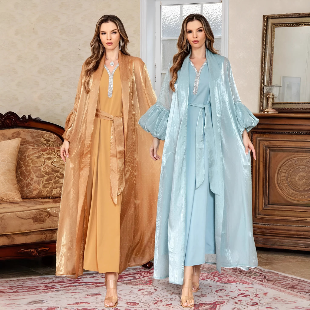Dubai Arabic two-piece dress set in blue with rhinestone straps and long sleeves