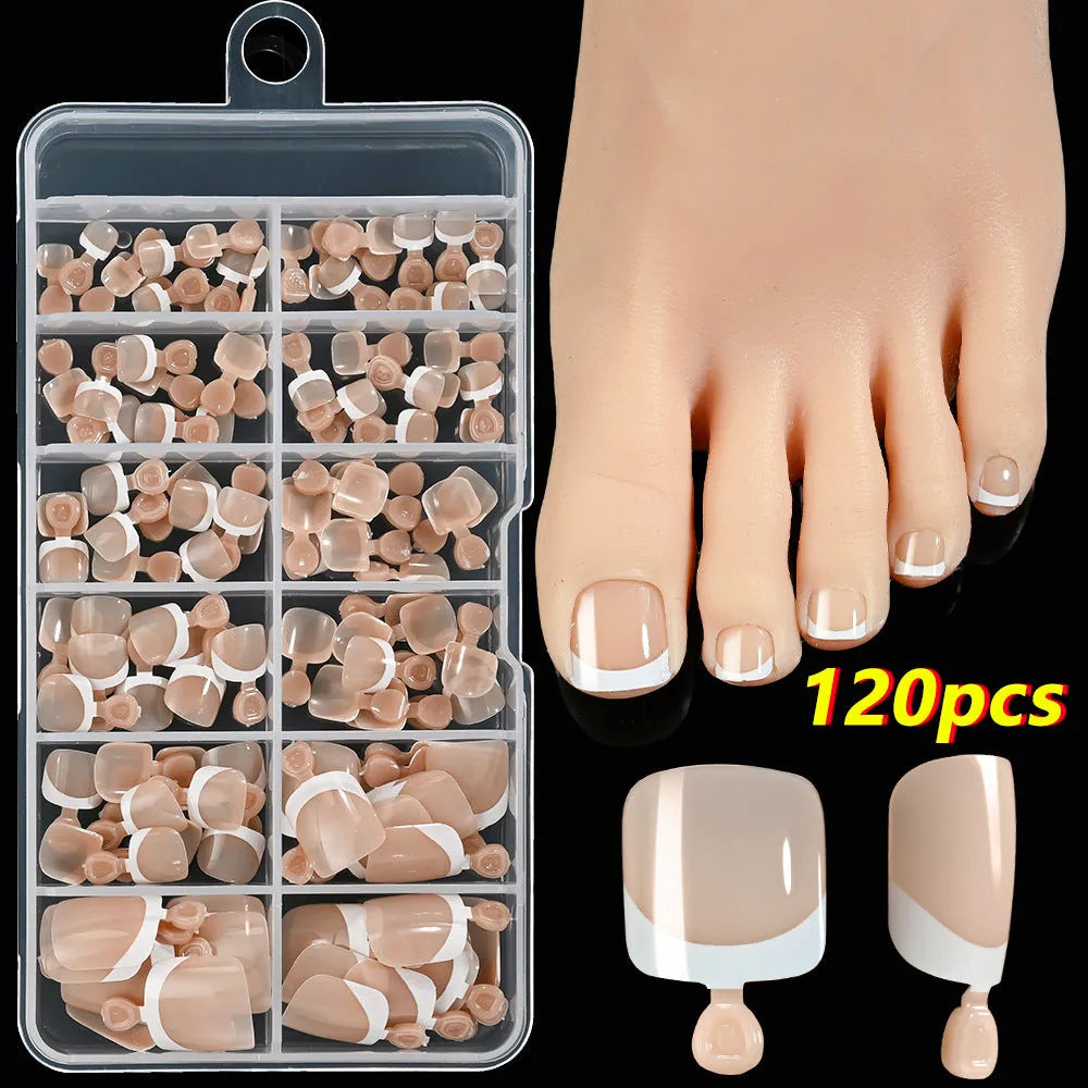 120 piece box of nude square artificial nail tips with French white edges in assorted shades