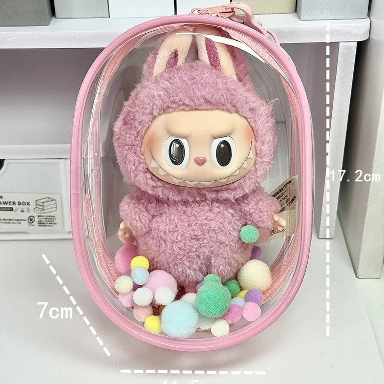 Transparent PVC cube storage bag for cotton dolls with backpack handle in multiple colour options
