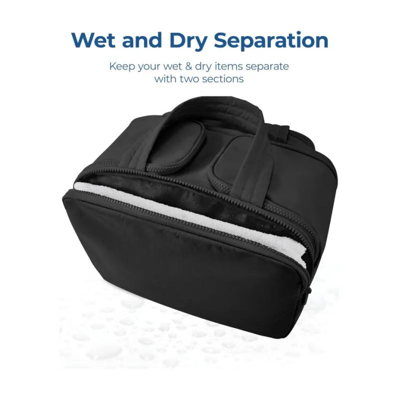 Large lightweight travel toiletry bag in polyester with wide-opening design measuring 29.97 x 18.54 x 21.08cm