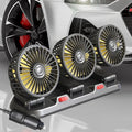 Three-head 12V 24V automotive electric cooling fan with cigarette lighter and USB plugs on a 1.3m cable.