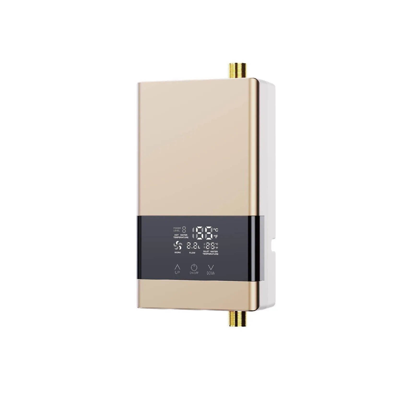 Household instant electric water heater with touch remote control and LED display in gold finish