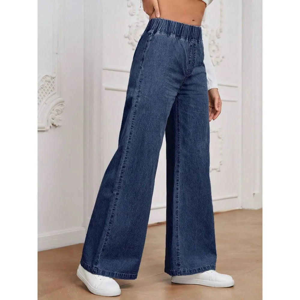 Light blue washed wide-leg jeans with straight leg cut and zip fly