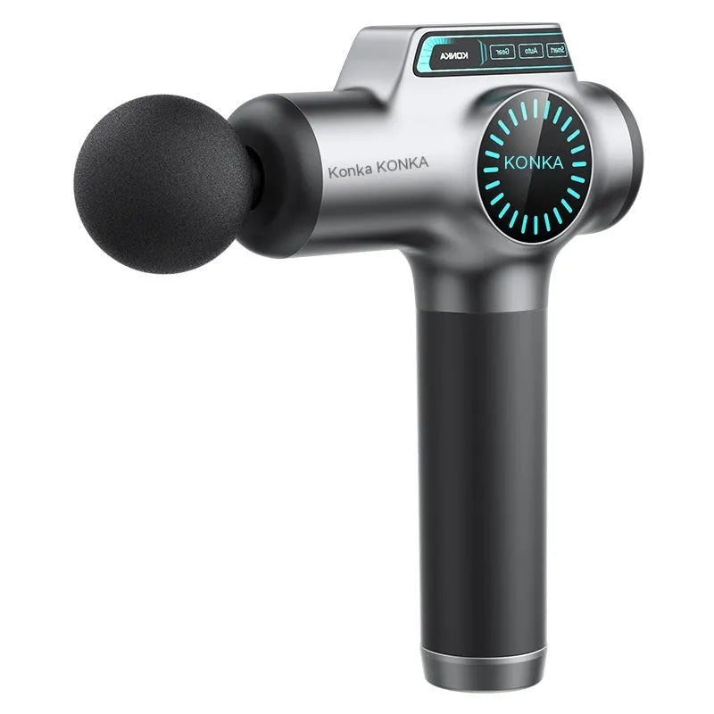 Grey mini massage gun with LED screen and four massage heads on a white background