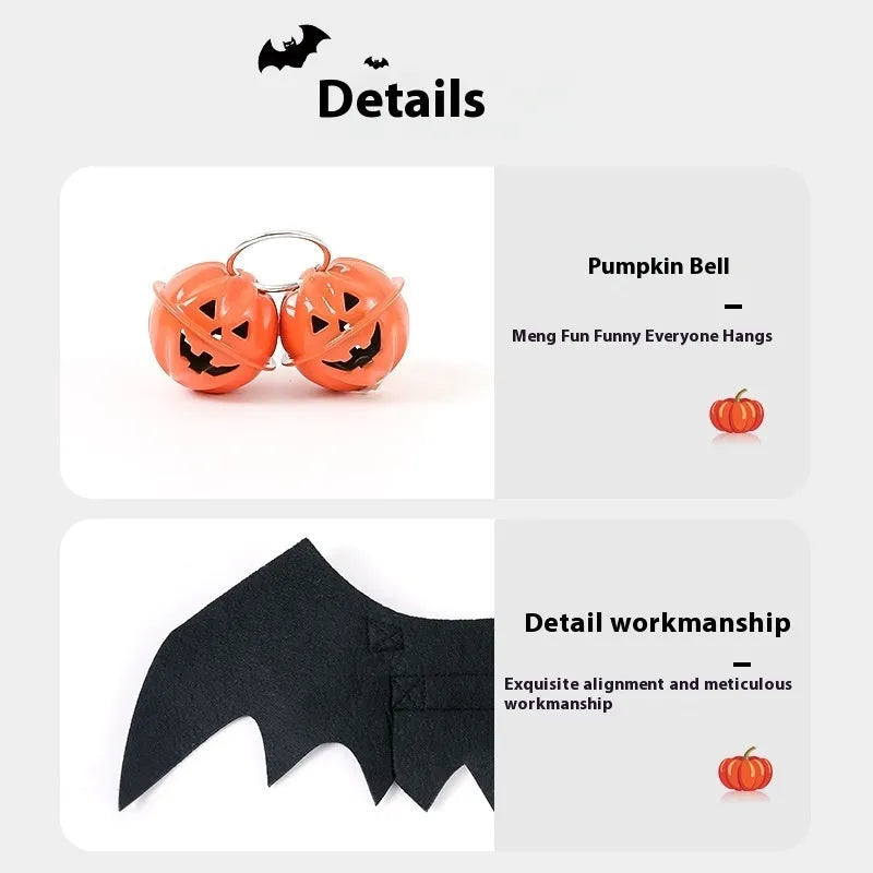 Halloween pet costume set with black wings and bell accessory in felt polyester construction