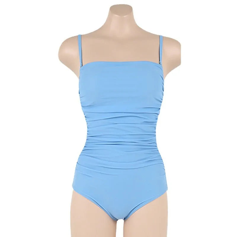 Blue sling style one-piece swimsuit with belly pleats on a mannequin, showing slim-fit design