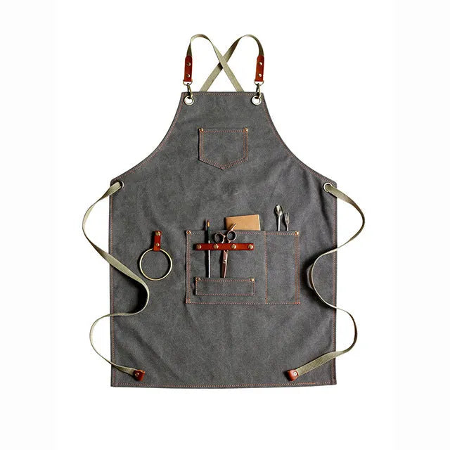 Canvas apron with cross back straps in camel colour