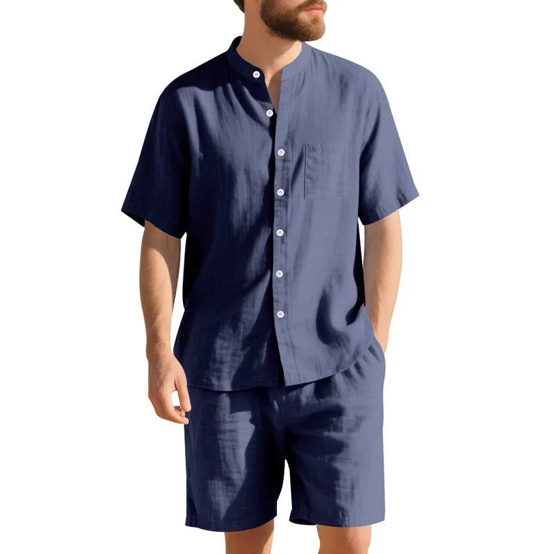 Men's linen blend summer suit with Henry collar, short sleeves and matching shorts in army green
