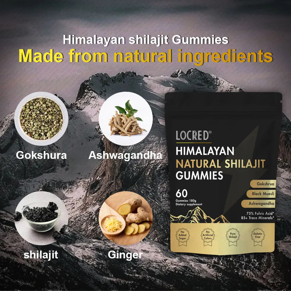 Natural flavoured Shilajit gummies 60 count in a pouch with vegan formula and fulvic acid