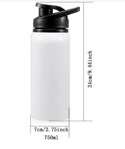 White aluminium sports water bottle with drinking spout shown in 600ml and 750ml capacity options