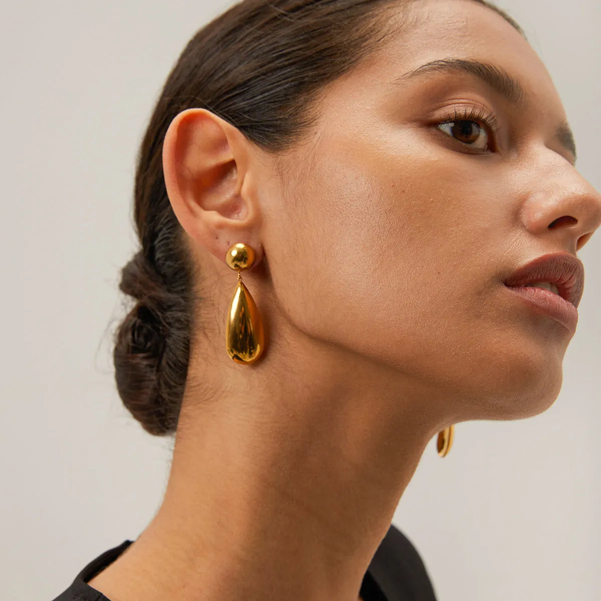 Gold stainless steel hemisphere water drop pendant earrings geometric design