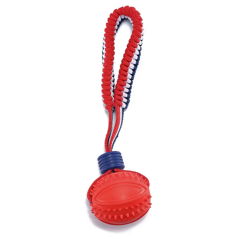 Blue and red durable rubber dog ball with rope attachment toy for medium and small dogs