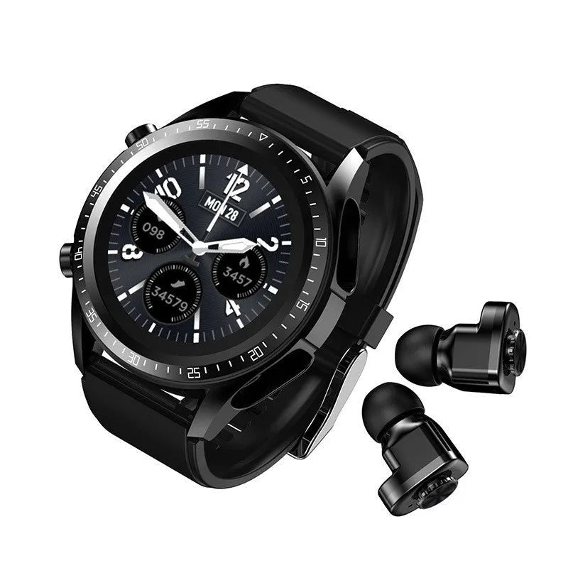 Black smartwatch with blood pressure monitoring on a silicone strap, showing a 1.28-inch display.