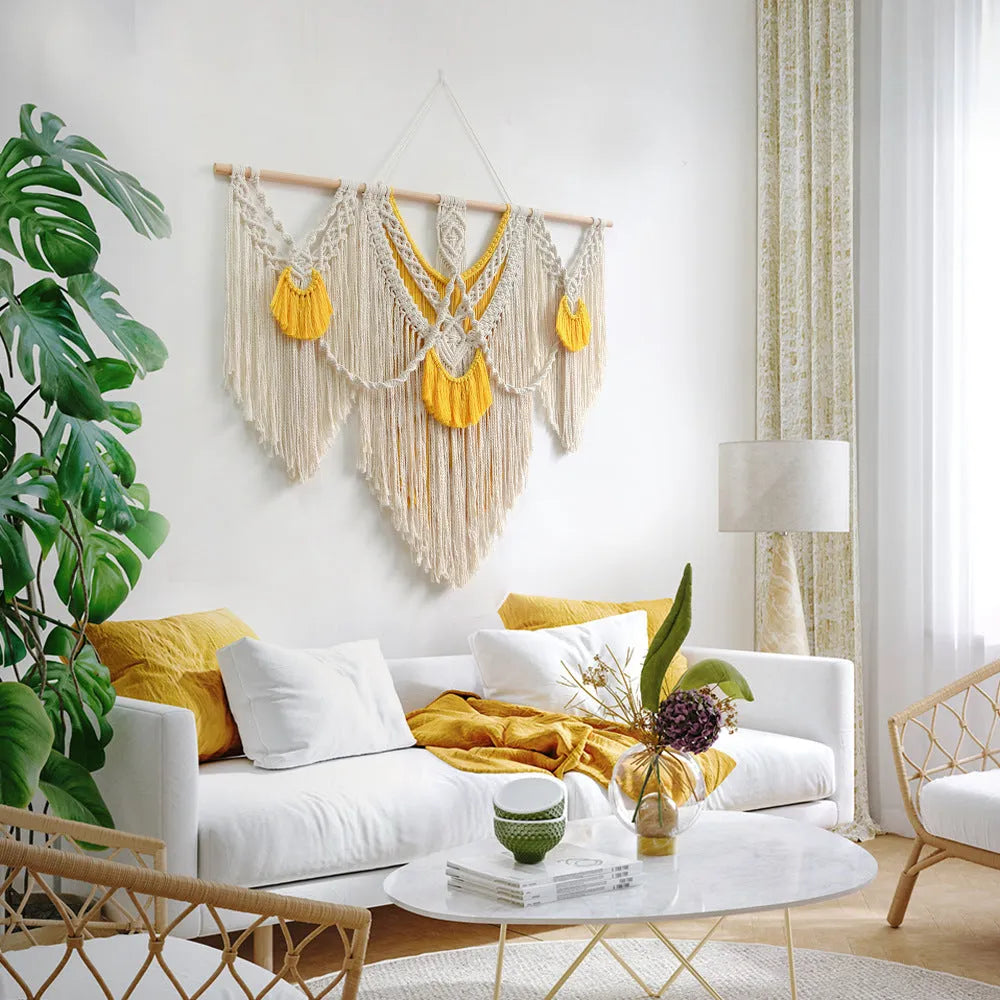 Nordic style cotton tapestry wall hanging creamy white colour 120x95cm rectangular handmade weaving