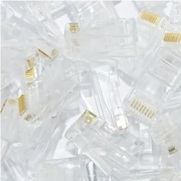 White RJ45 modular network connector with gold-plated three-fork contacts for Ethernet cable termination