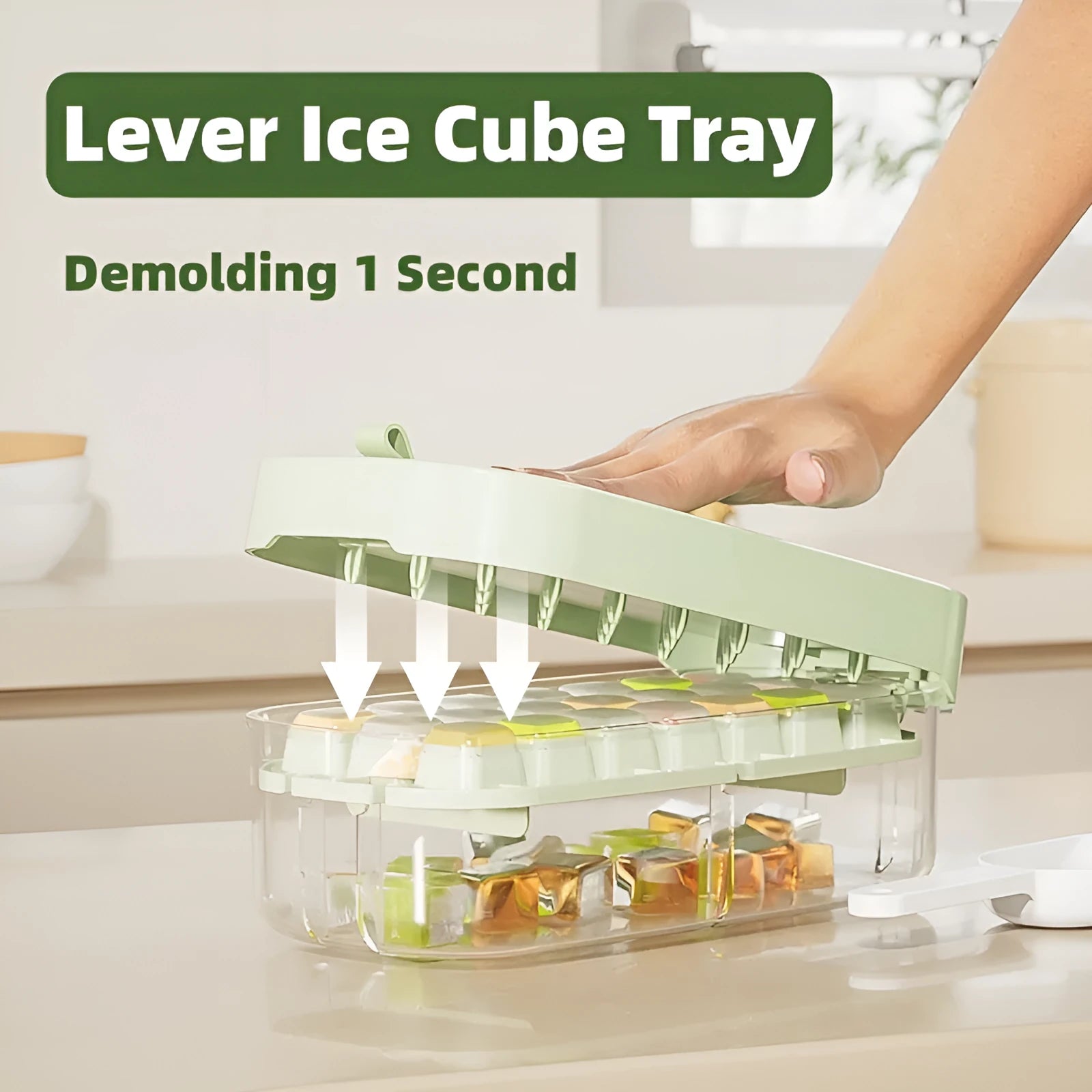 High capacity ice cube tray with grid design and integrated ice shovel storage compartment
