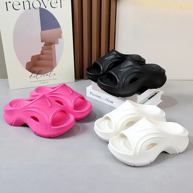 Women's thick-soled EVA slippers in white, black and rose red colours for outdoor beach wear