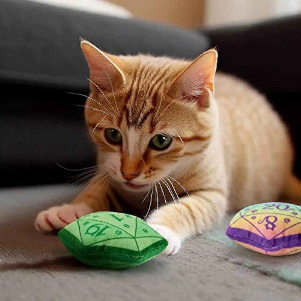 Dice-shaped plush catnip toy in multiple colours for D&D and cat play