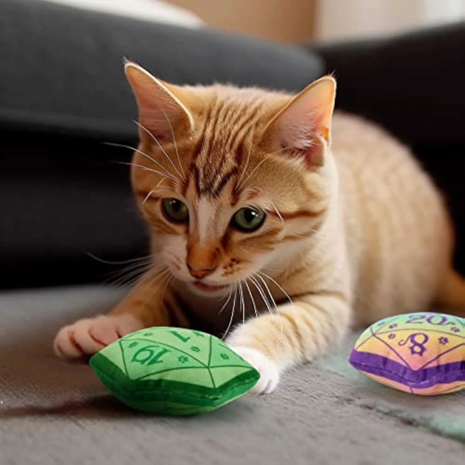 Dice-shaped plush catnip toy in multiple colours for D&D and cat play