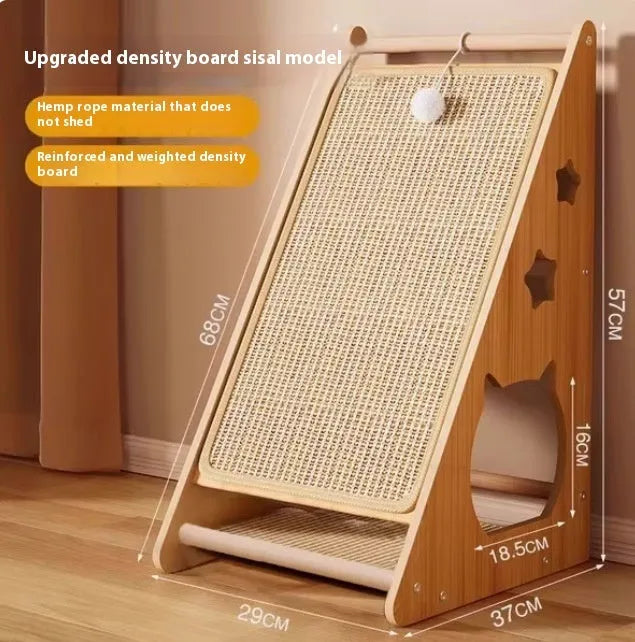 Vertical wall-mounted cat scratching board with sisal surface and a built-in teasing ball.