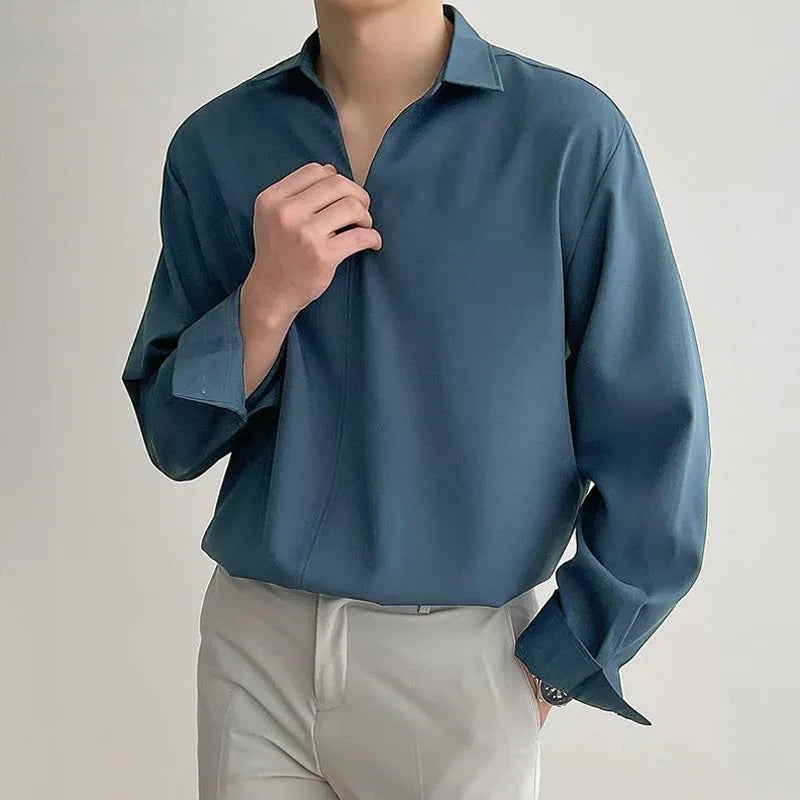 Men's loose lapels casual shirt in polyester blend fabric showing non-ironing construction and pullover style