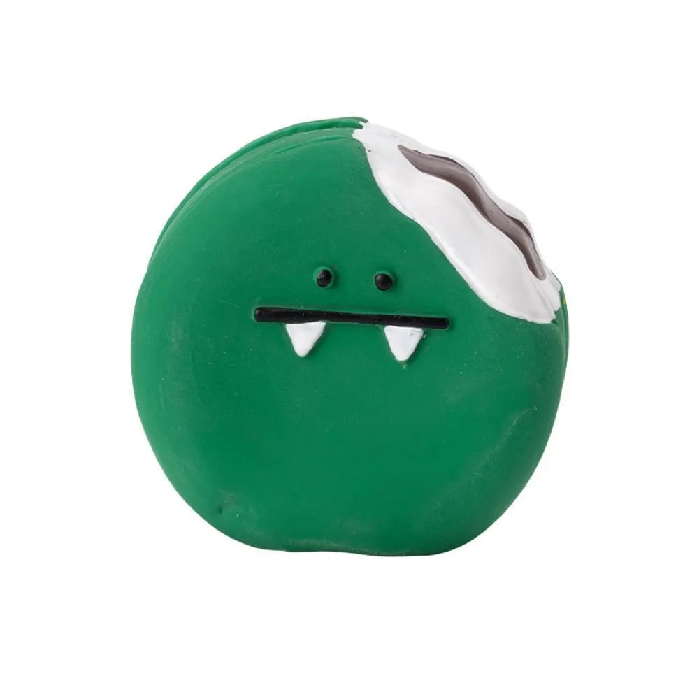 Yellow and green cartoon bread shaped latex dog squeaky chew toy on a white background.