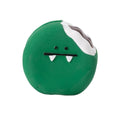 Yellow and green cartoon bread shaped latex dog squeaky chew toy on a white background.