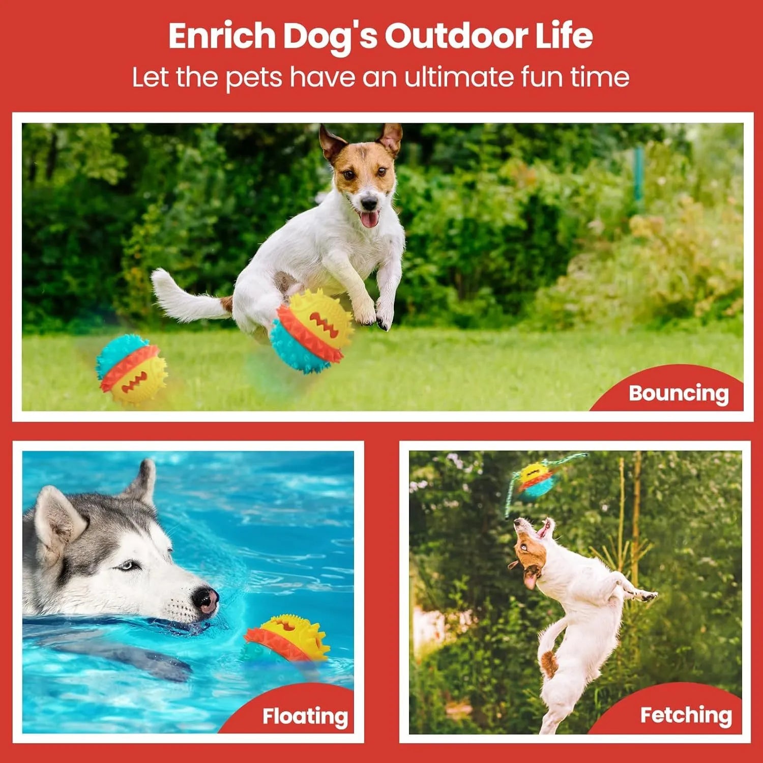 Blue and red TPR rubber squeaky dog ball with rope tug and treat dispenser hole.