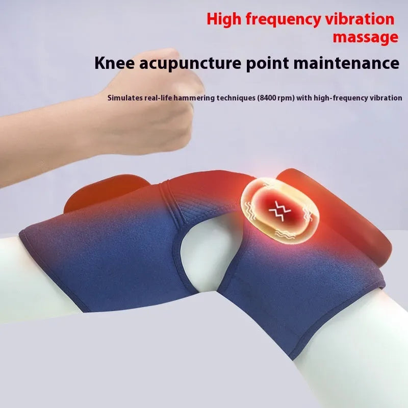 Blue self-heating knee massager unit with adjustable strap for vibration and air pressure therapy.