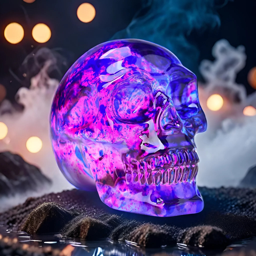 Pink and blue floral skull ornament made of glass with hanging loop
