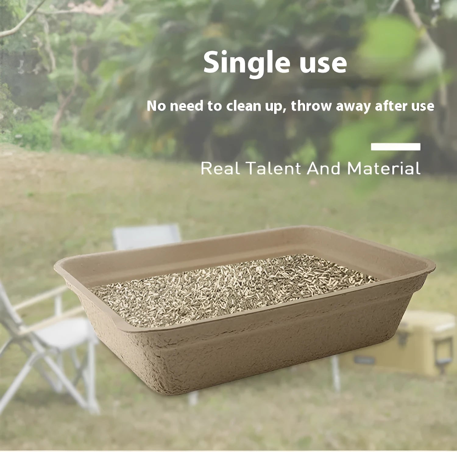 Brown biodegradable disposable cat litter box showing three available size options